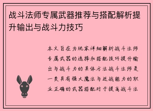 战斗法师专属武器推荐与搭配解析提升输出与战斗力技巧